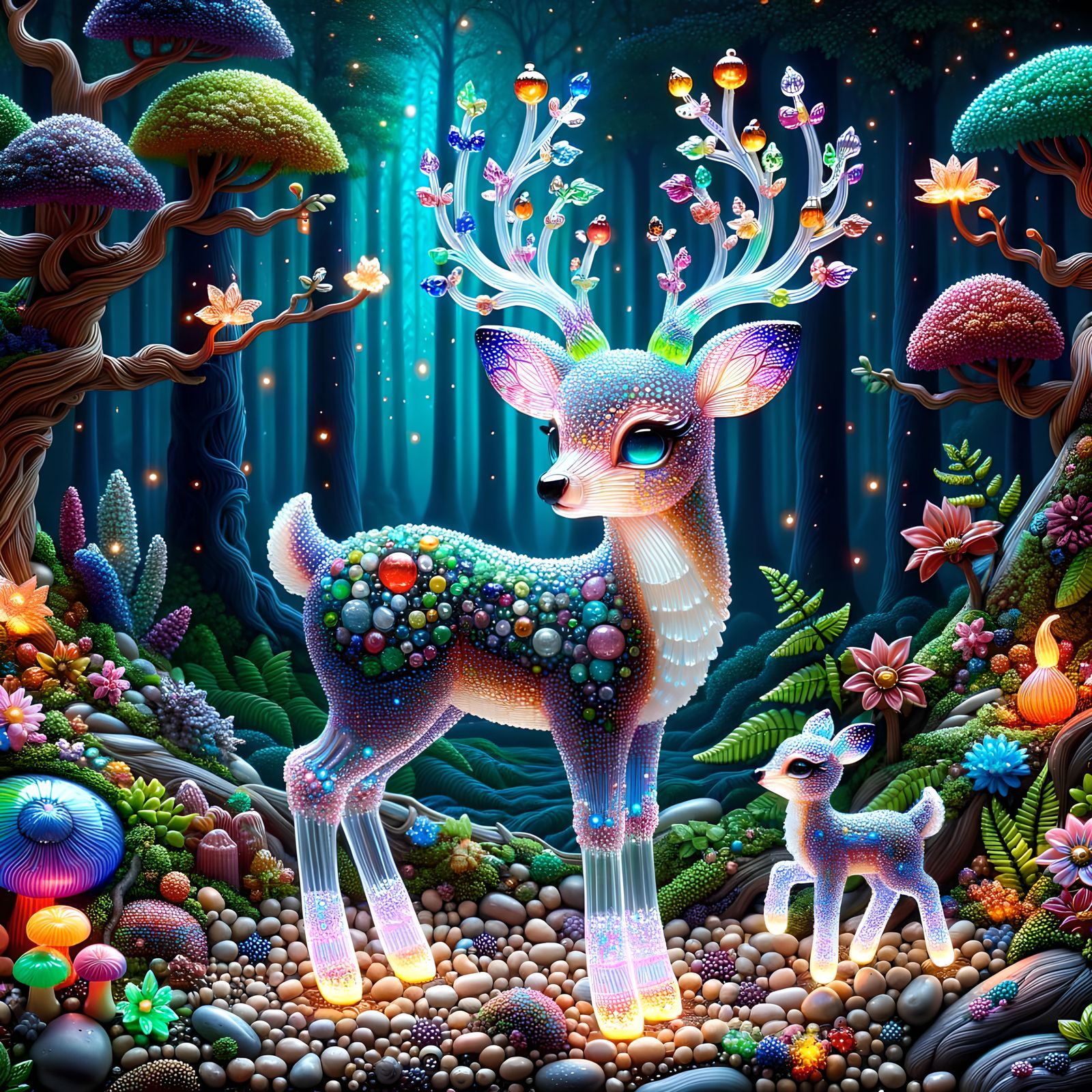 Bioluminescent Glass Deer in Borderland Fantasy Forest
