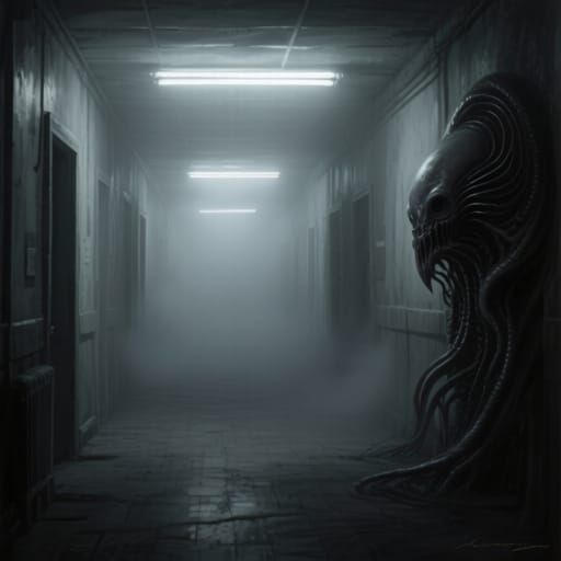 Eerie Foggy Hallway in Chiaroscuro Light