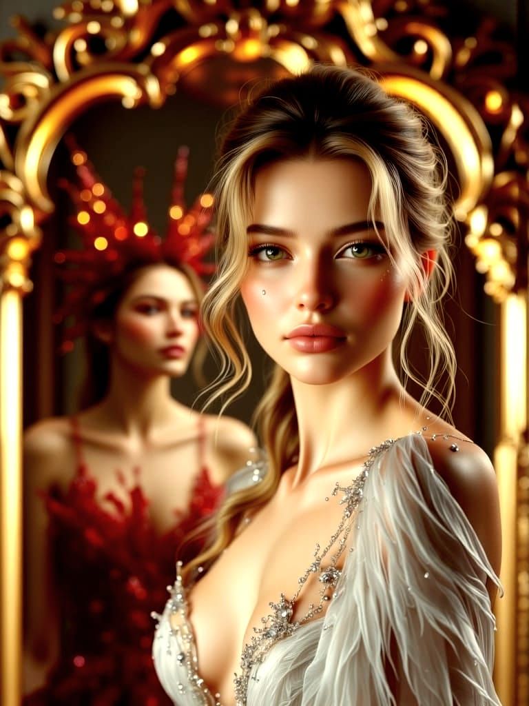 Angel Wings Woman and Fiery Reflection in Ornate Mirror