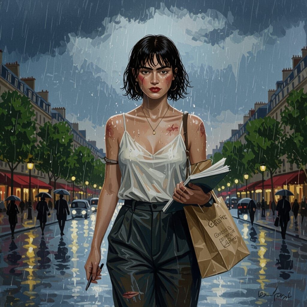 Courageous Writer in Rainy Paris, Expressive Portrait