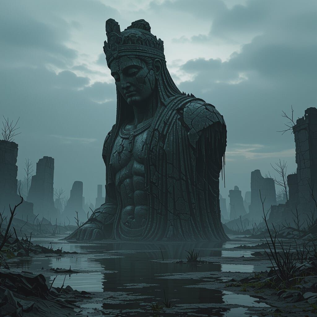 Colossal Decaying Statue in Toxic Swamp, Apocalyptic 3D Styl...