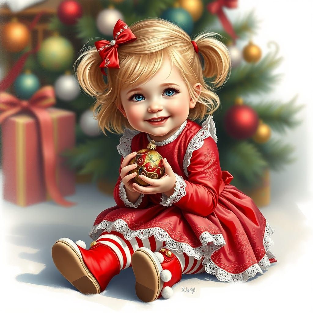 Vibrant Oil Painting of a Blushing Christmas Girl