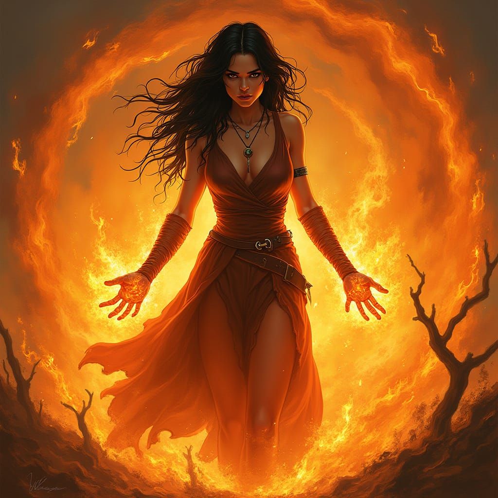 Woman Standing Amidst Swirling Flames in Cyberpunk-Inspired ...