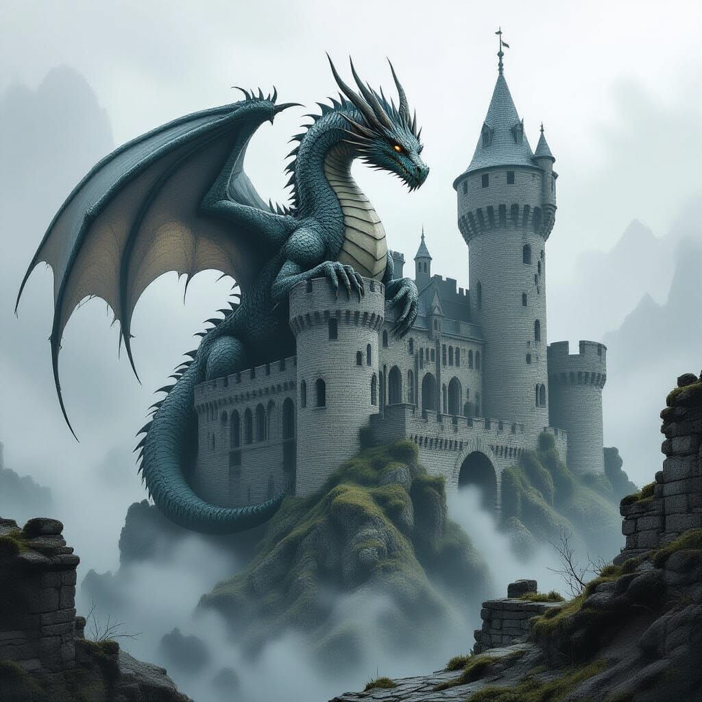 Dragon Guardian of Crumbling Castle, Digital Art