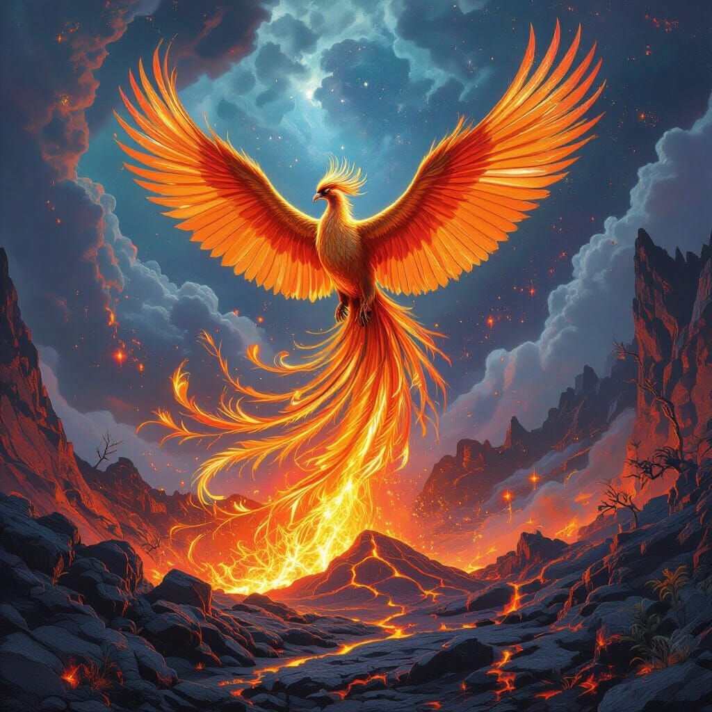 Phoenix Rising from Alien Volcano in Hyperrealistic Style