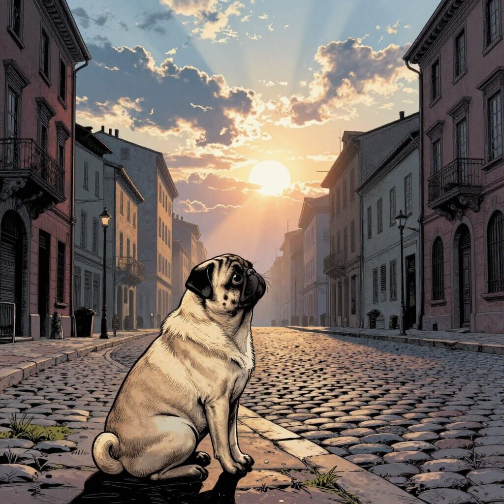 Solitary Pug Greets Dawn in Renaissance Comic Style
