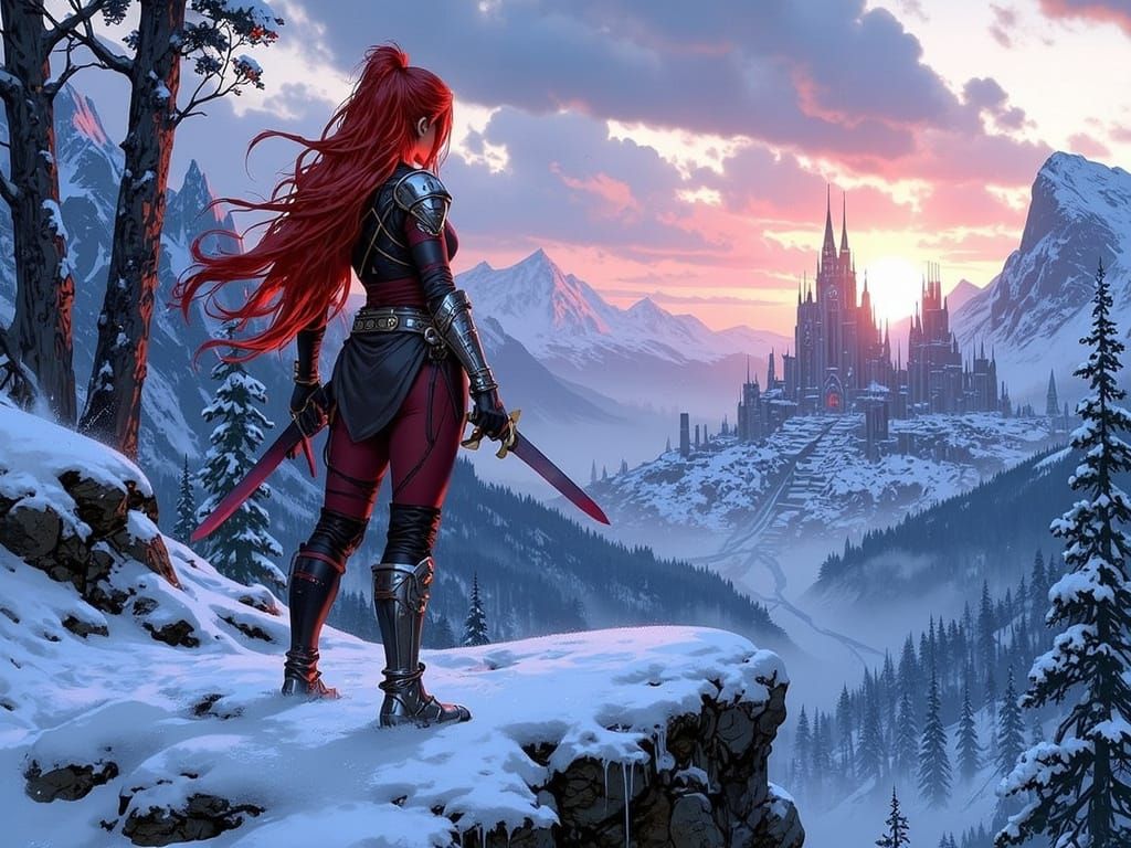 Elf Warrior Gazing at Ruined City, Dark Fantasy Art