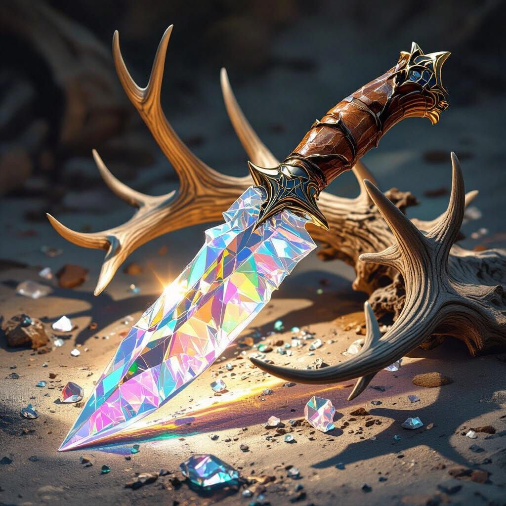 Crystal Knife with Antler Handle in Dark Fantasy Style