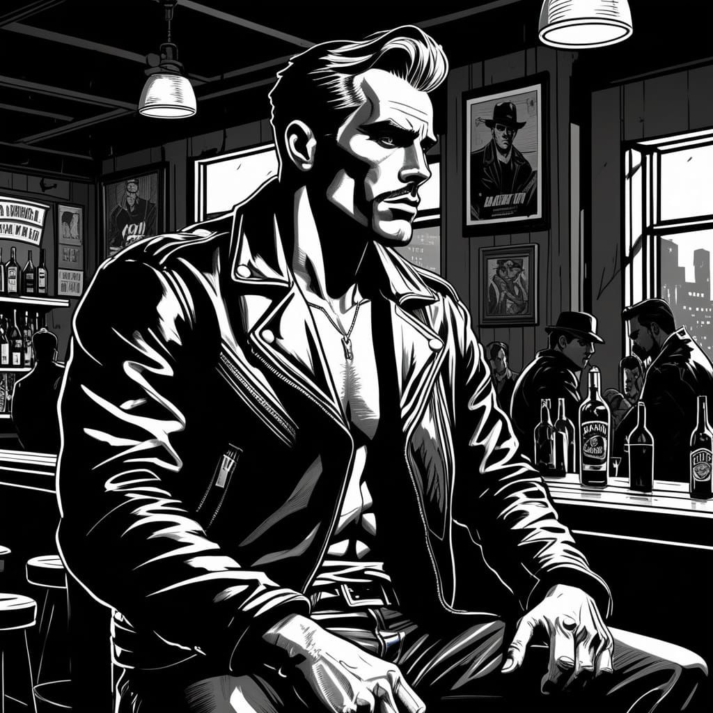 Man in Leather Jacket in Dim Bar, Tom of Finland Style