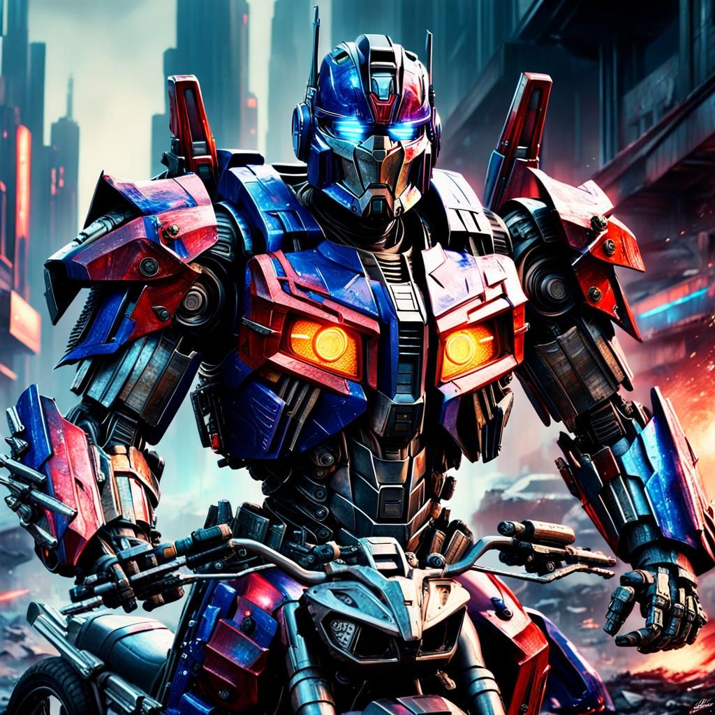 Una vista aérea impresionante e inmersiva de una Superbike Optimus prime Autobots de guerra post-apocalíptica de última...