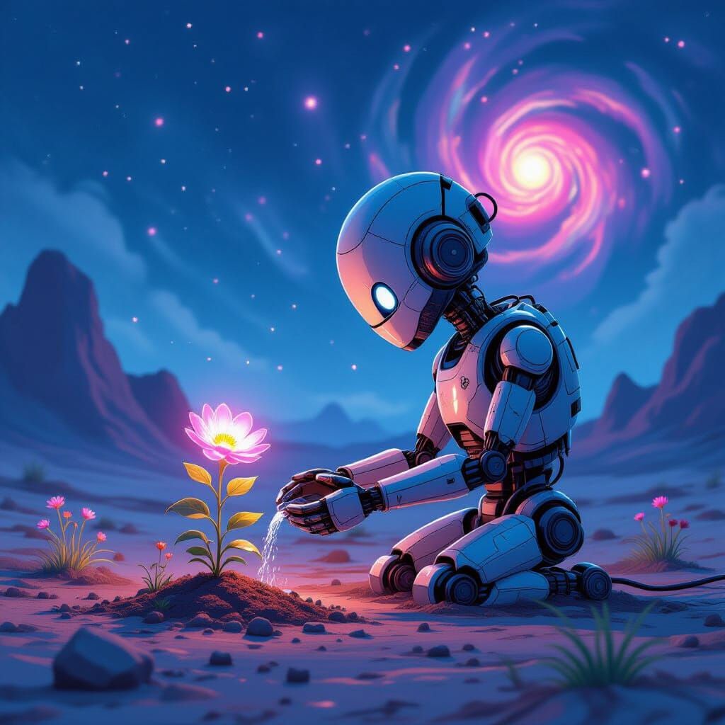 Robot Tends Alien Garden Under Nebula Sky