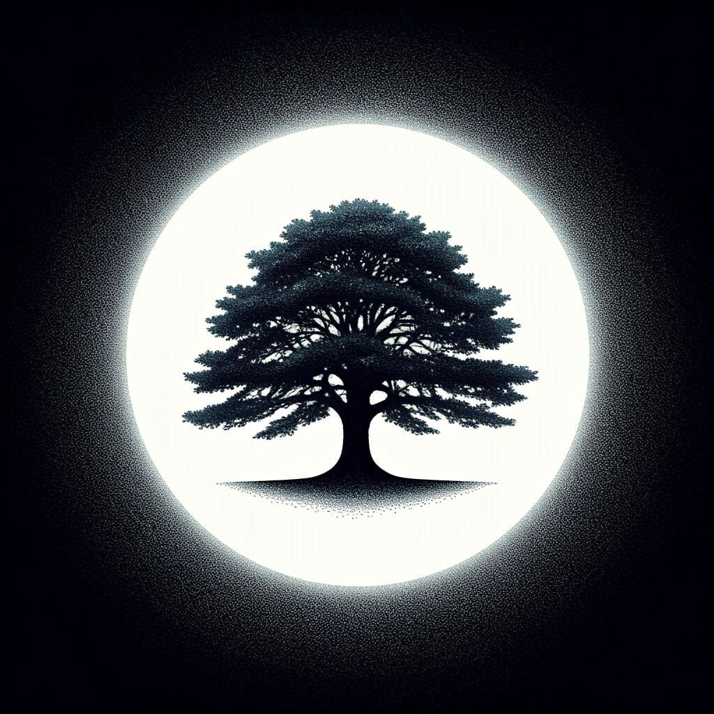 Luminous Circle with Black Tree in Pointillism