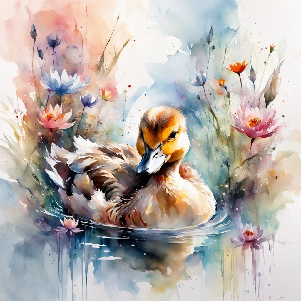 Whimsical Watercolour Duckling in a Sunlit River