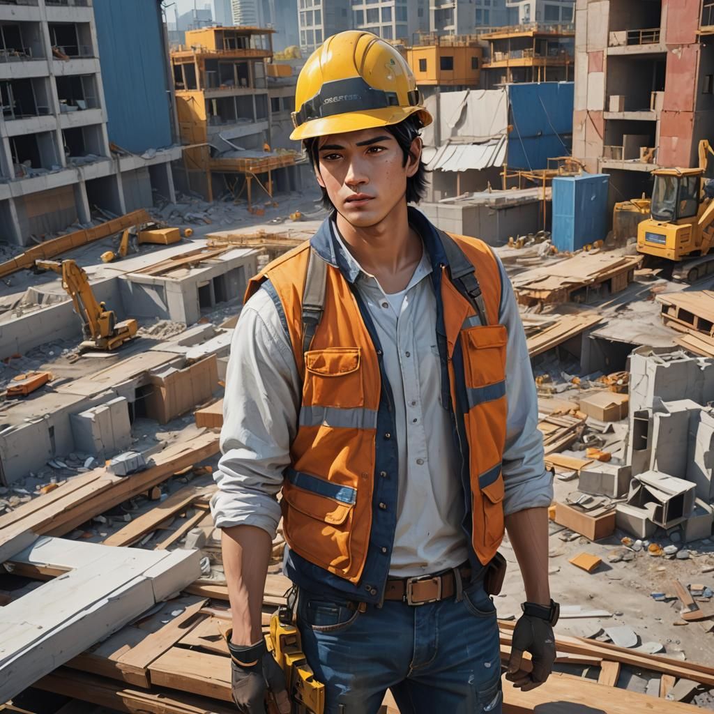 Young Construction Worker in Matte Painting Style