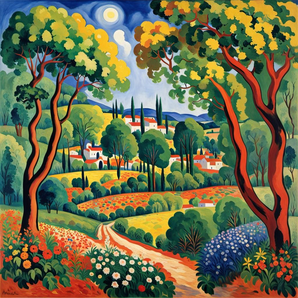 Lush Meadow in Fauvist Landscape Painting Style