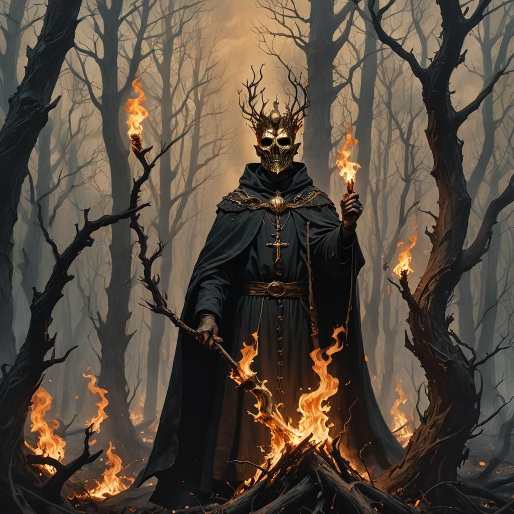Masked Priest in Burning Forest: Dark Fantasy Art