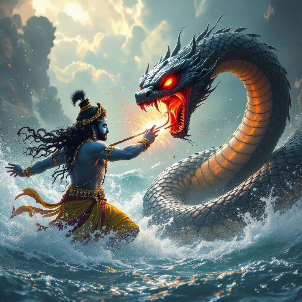 Krishna Battles Monstrous 12-Headed Serpent