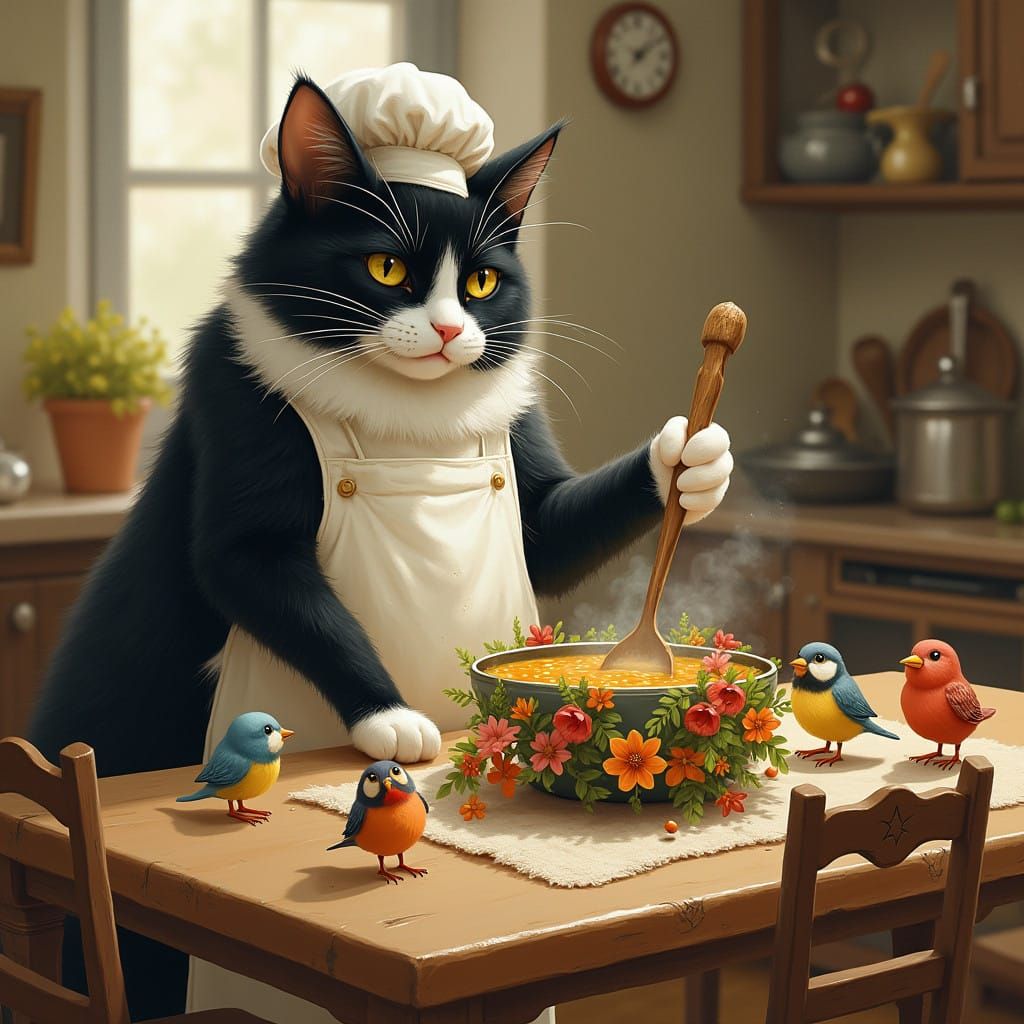 Majestic Feline Chef in Whimsical Kitchen Scene