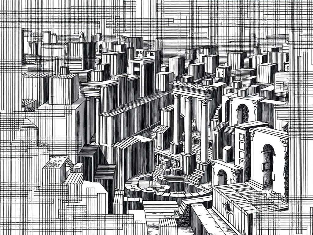 Abstract Renaissance Ruins Landscape in Black Lines