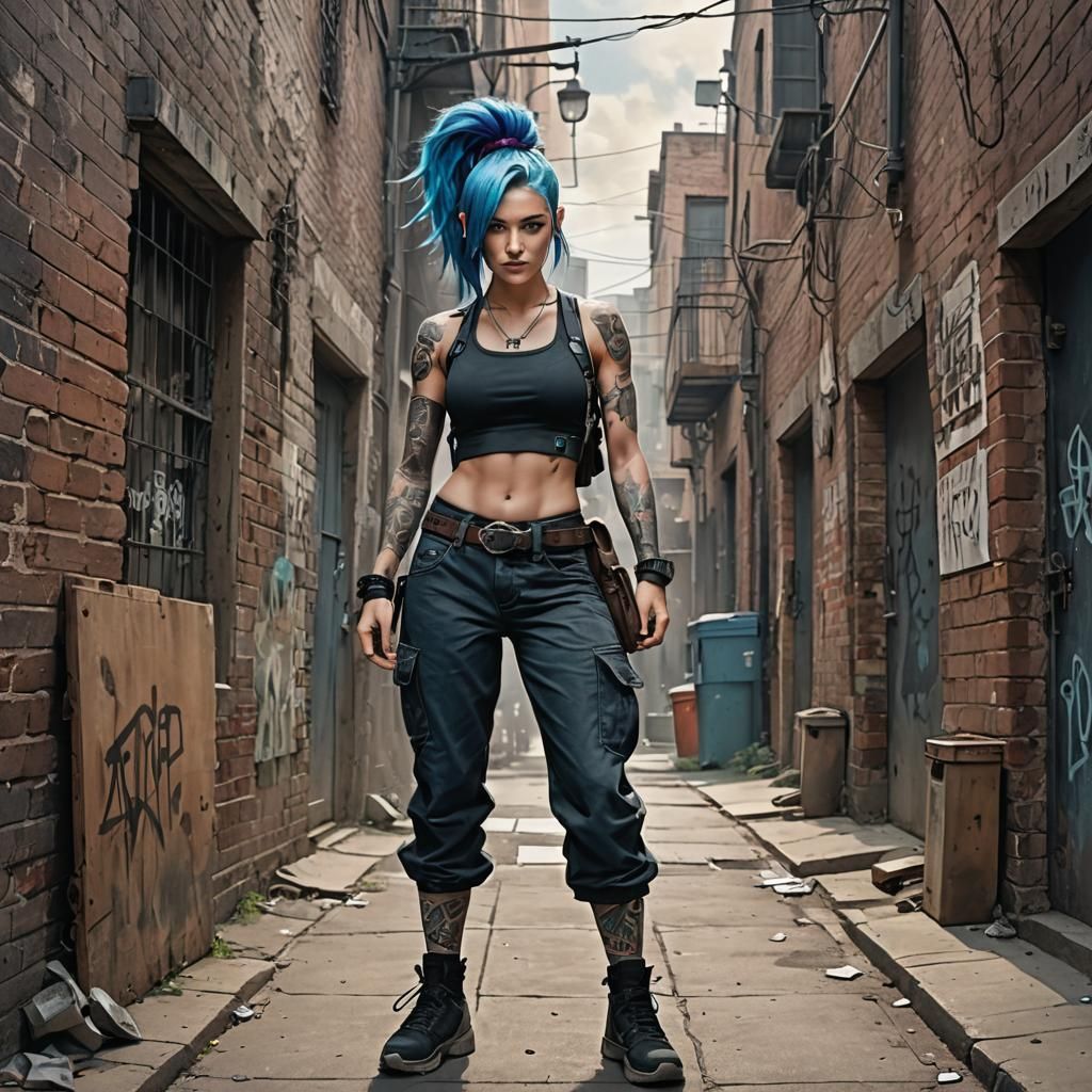 Blue-Haired Brawler Girl in Digital Painting
