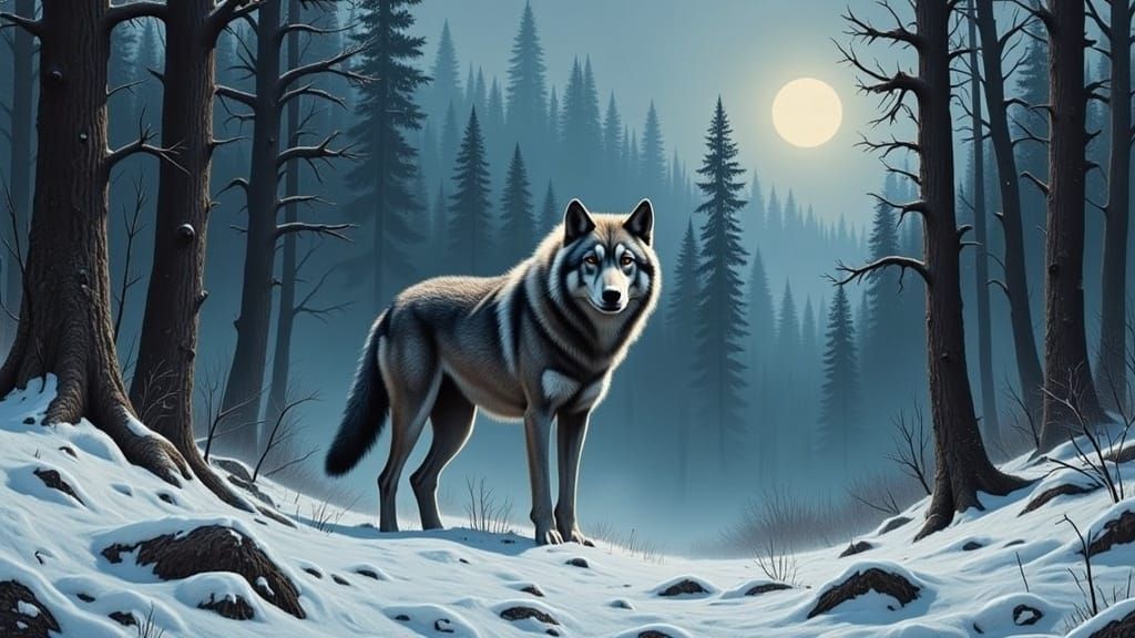 Wolf in Misty Forest: Dramatic Landscape