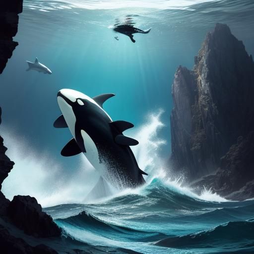 Orca Pod Swimming: Hyperdetailed Digital Art