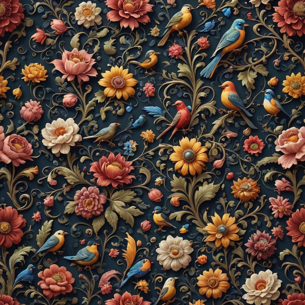 Fantastical Jacobean Art with Flowers and Birds