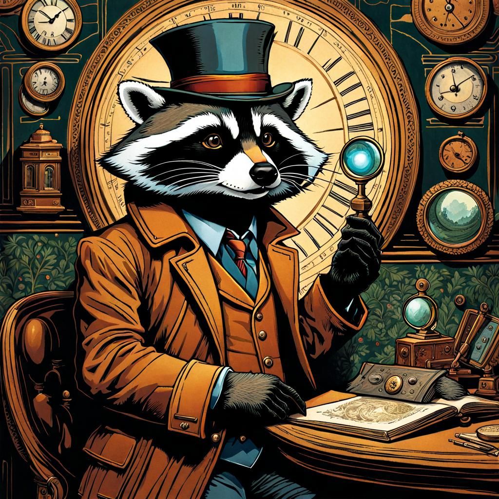 Detective Raccoon Illustration in Surreal Fine Art Style