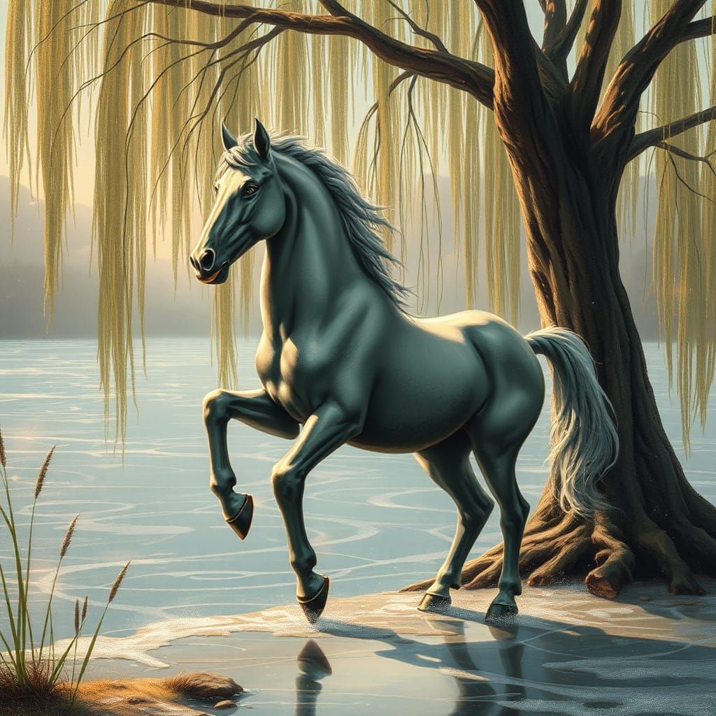 Triumphant Centaur at Frozen Lake in Dreamlike Light