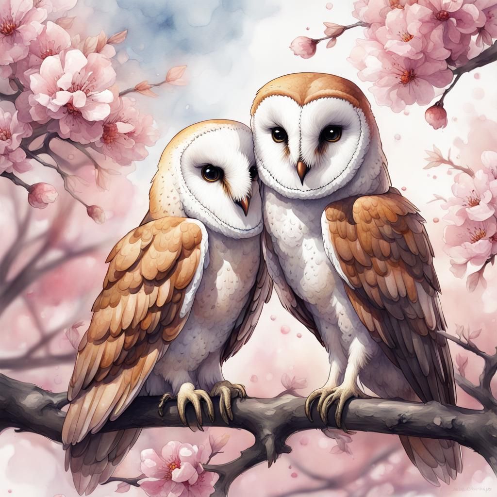 Barn Owl and Raven on Cherry Branch Watercolor