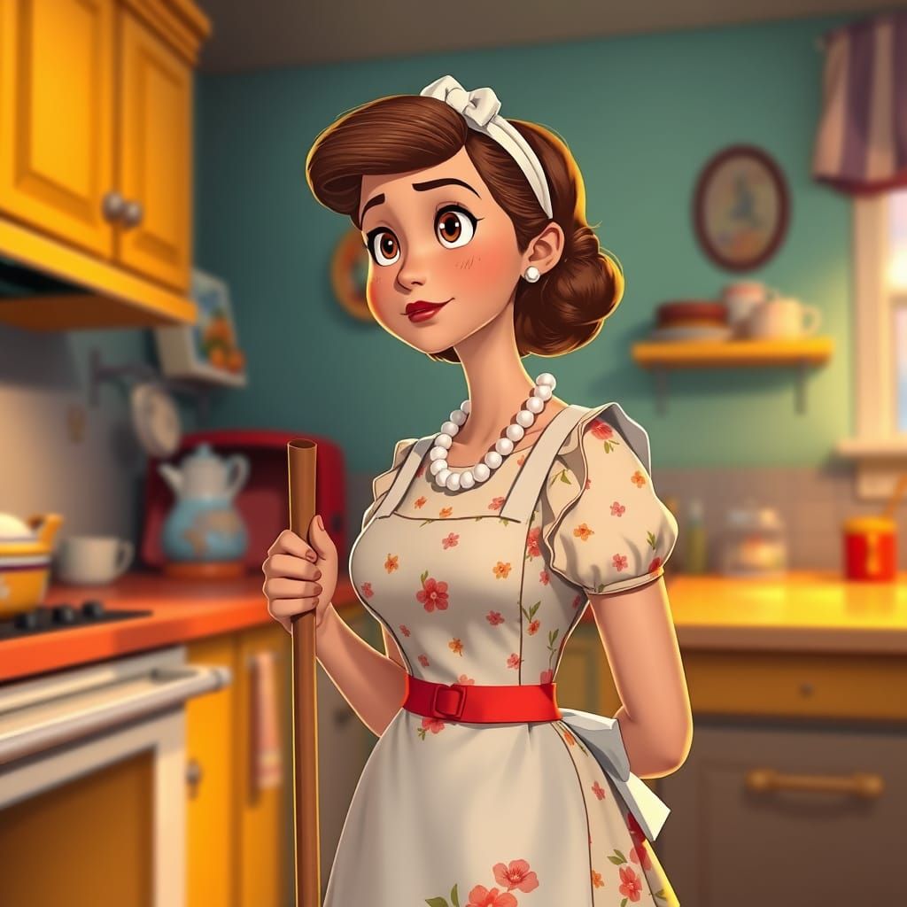1950s Homemaker's Whimsical Journey in a Disney Animated Mas...