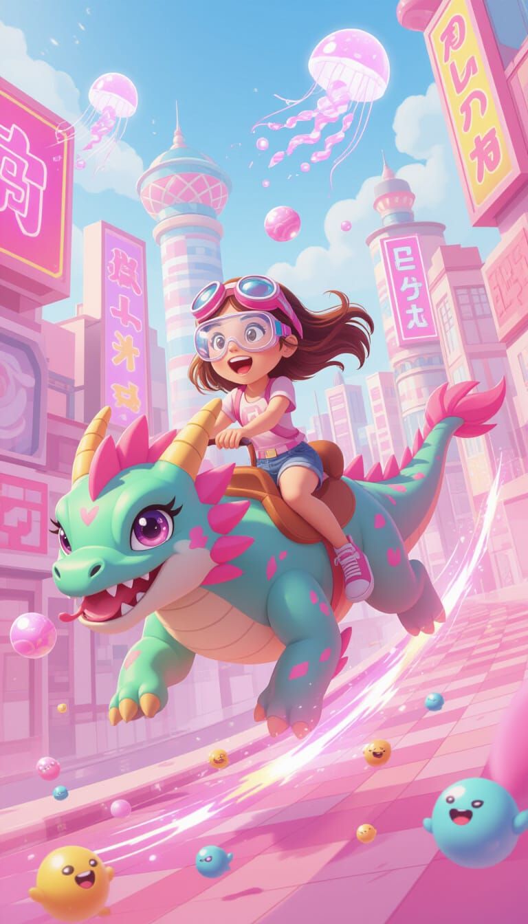 Girl Rides Dragon in Candy Metropolis