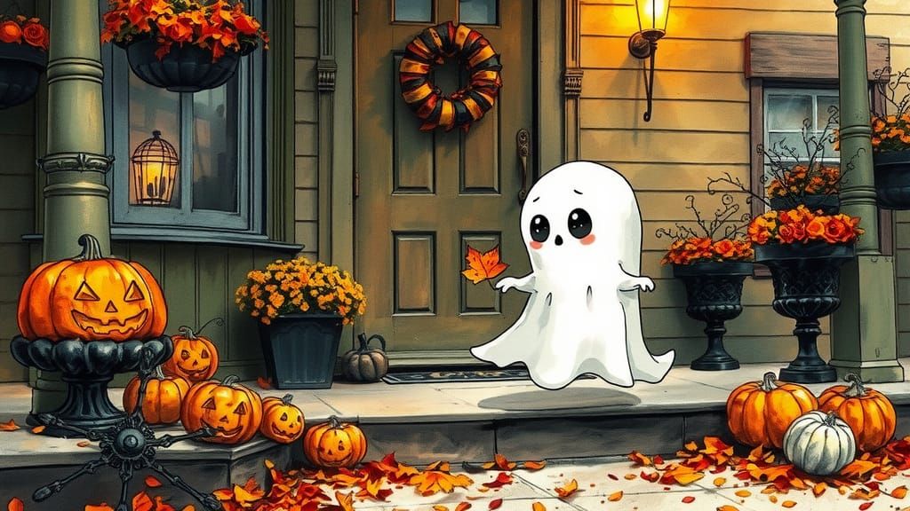 Cute Ghost with Autumn Leaf: Watercolor Ink Art