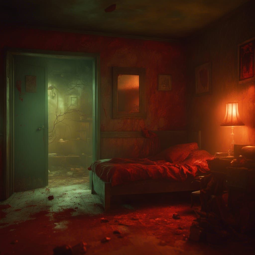 Creepy Motel Room with Bloody Walls at Night