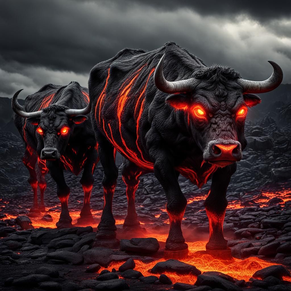 Hyperrealistic Lava Monster Cows in Cinematic Style