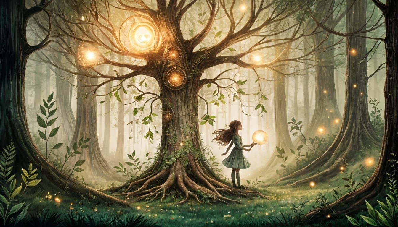 Magical Forest Encounter: Girl, Fairy and Ancient Tree