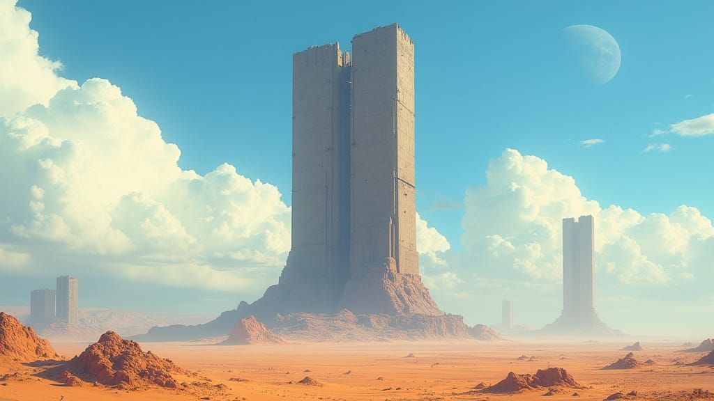 Futuristic Brutalist Tower in Arid Desert Landscape