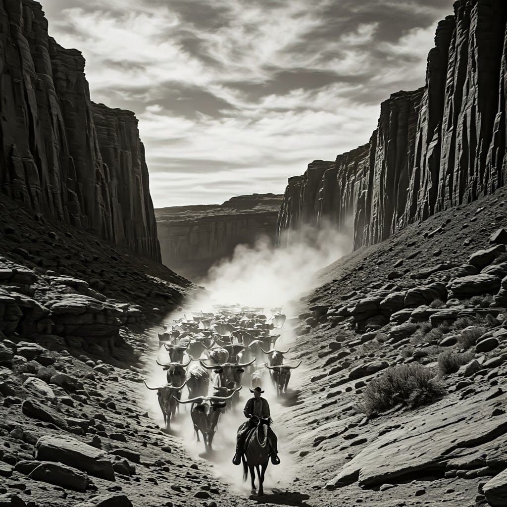 Cinematic Black-and-White Cattle Drive Through a Canyon