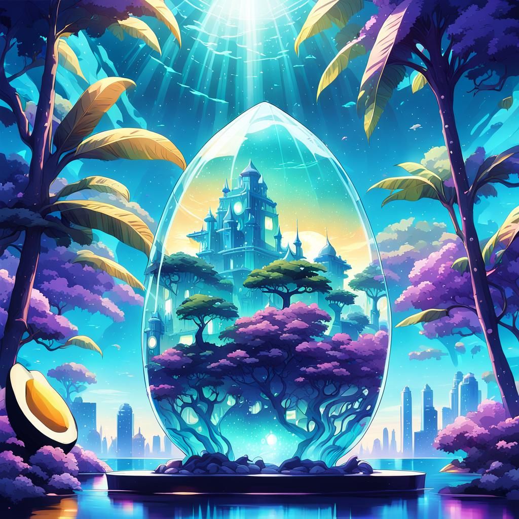 Vibrant Fantasy Realm Inside Glass Mango Blossoms in Lush Pa...