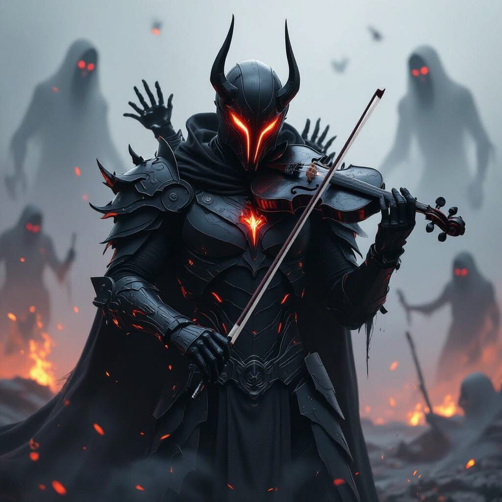 Robot Demon Warrior Plays Violin Amidst Fiery Battle