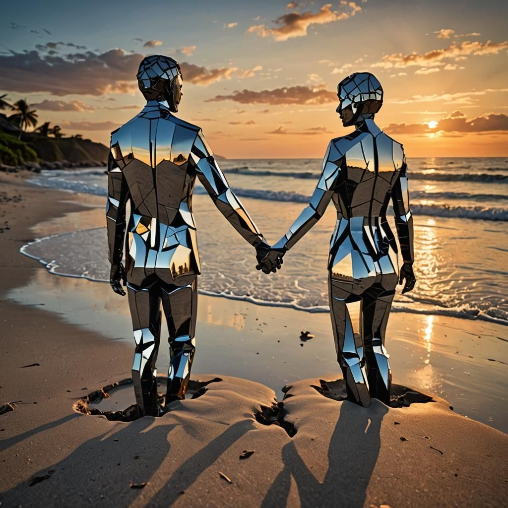 Mirror Sculptures Holding Hands at Sunset