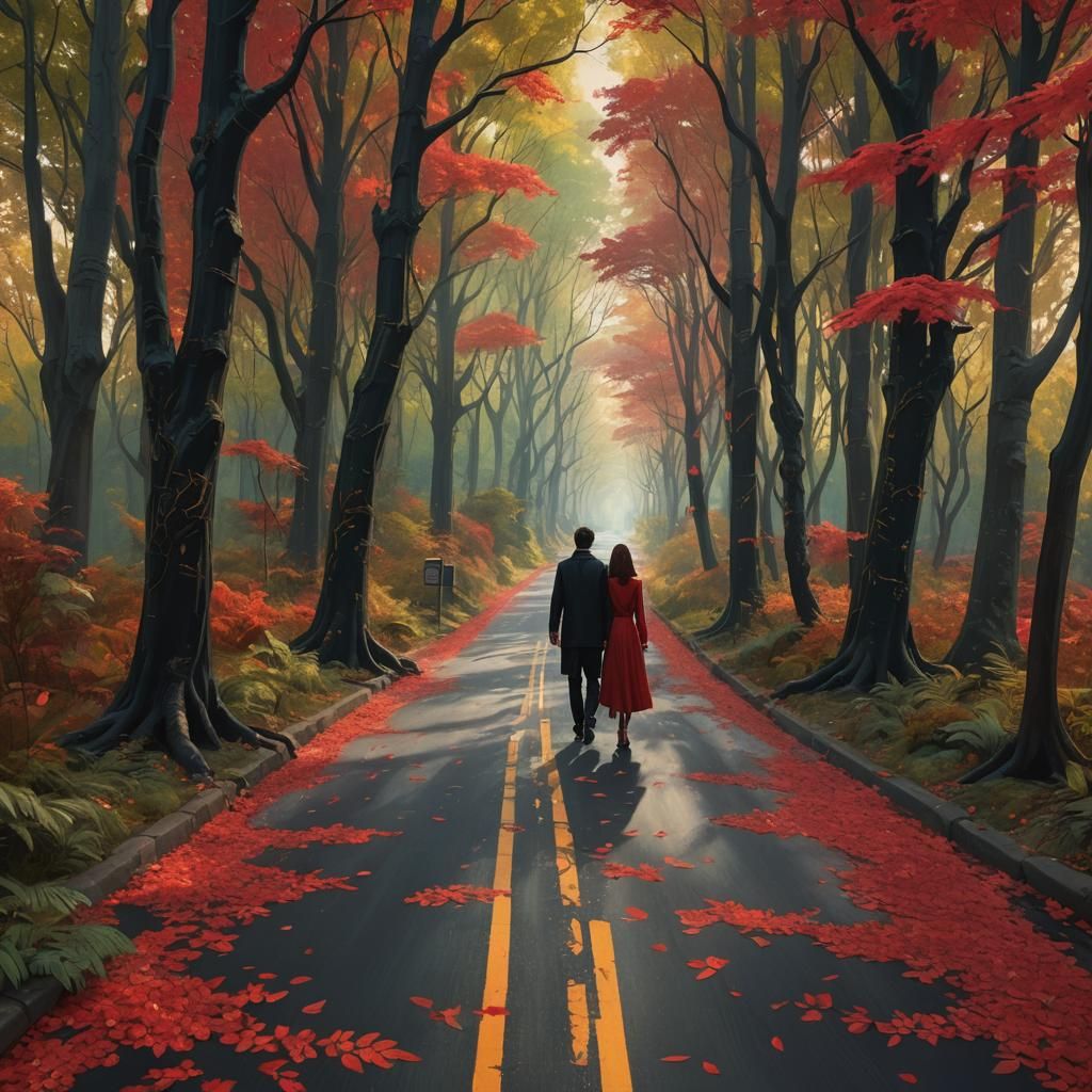 Couple in Red Leaf Forest, Digital Matte Painting