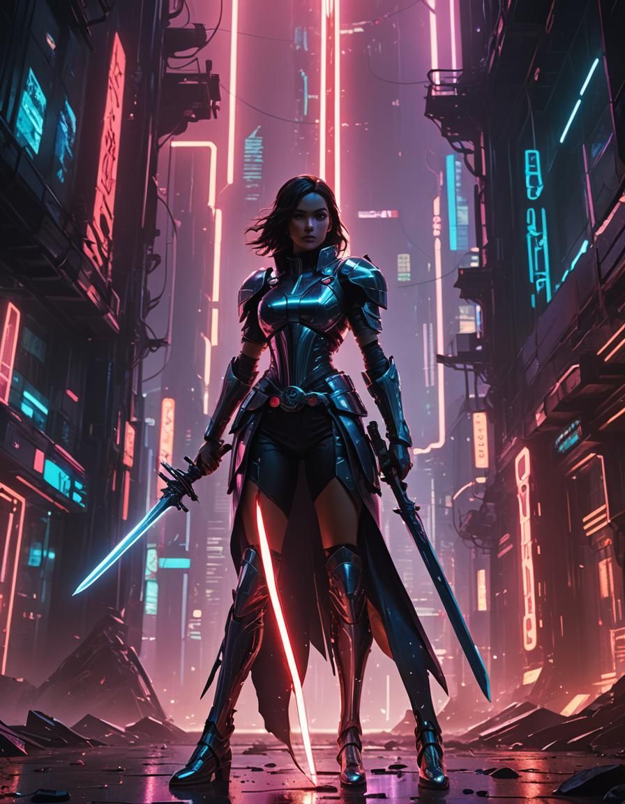 Heroine Sword in Sci-Fi Neon Environment