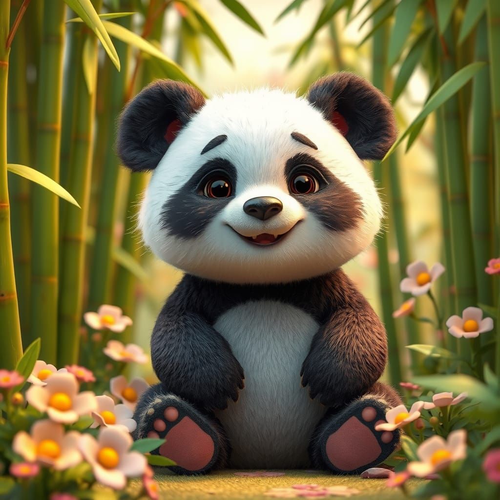 Whimsical 3D Panda in a Colorful Bamboo Wonderland