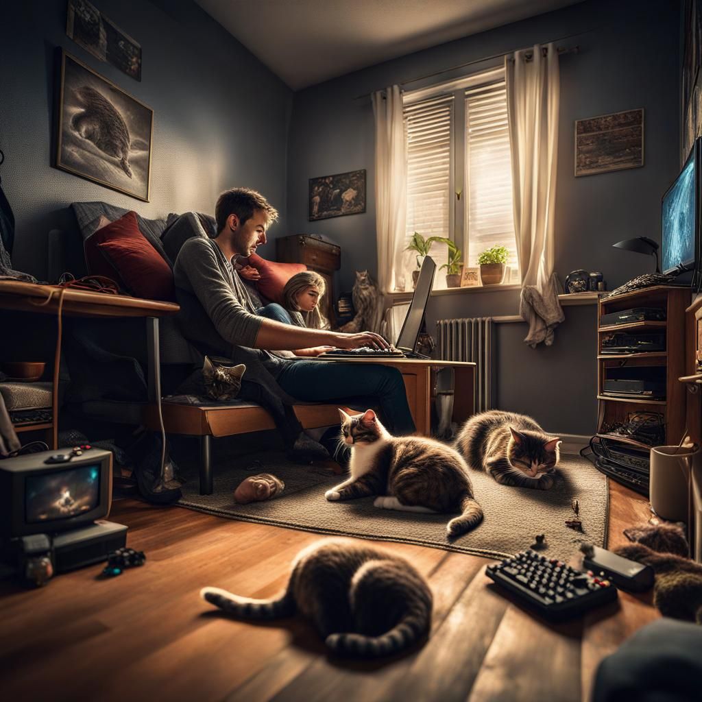 Couple Gaming with Cats: Hyperrealistic Home Scene