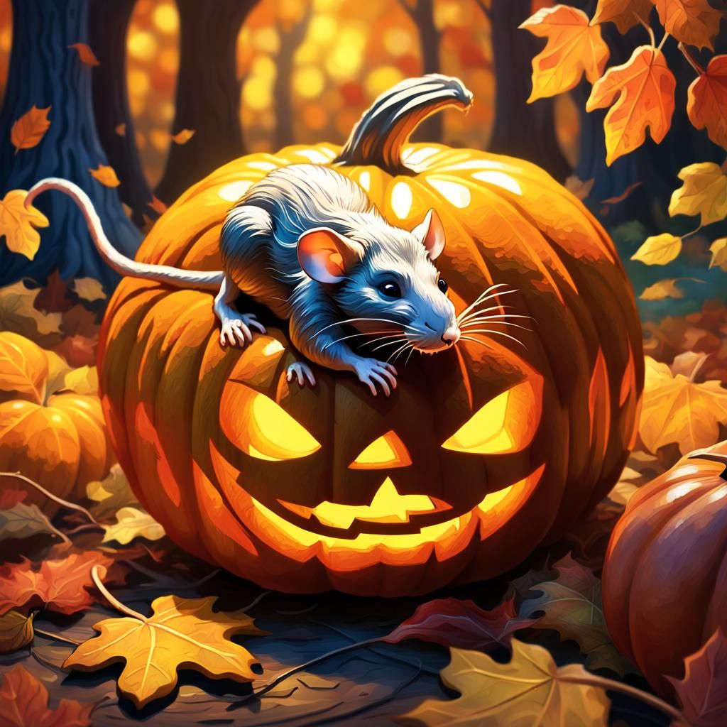 Whimsical Rat in Pumpkin, Detailed Oil Painting