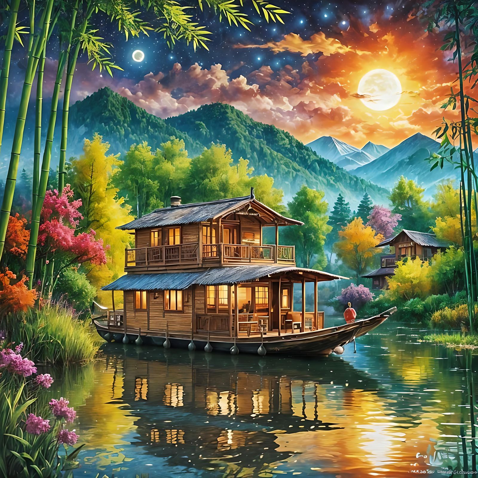 Bamboo Houseboat on Kashmir Lake as Impressionist Painting
