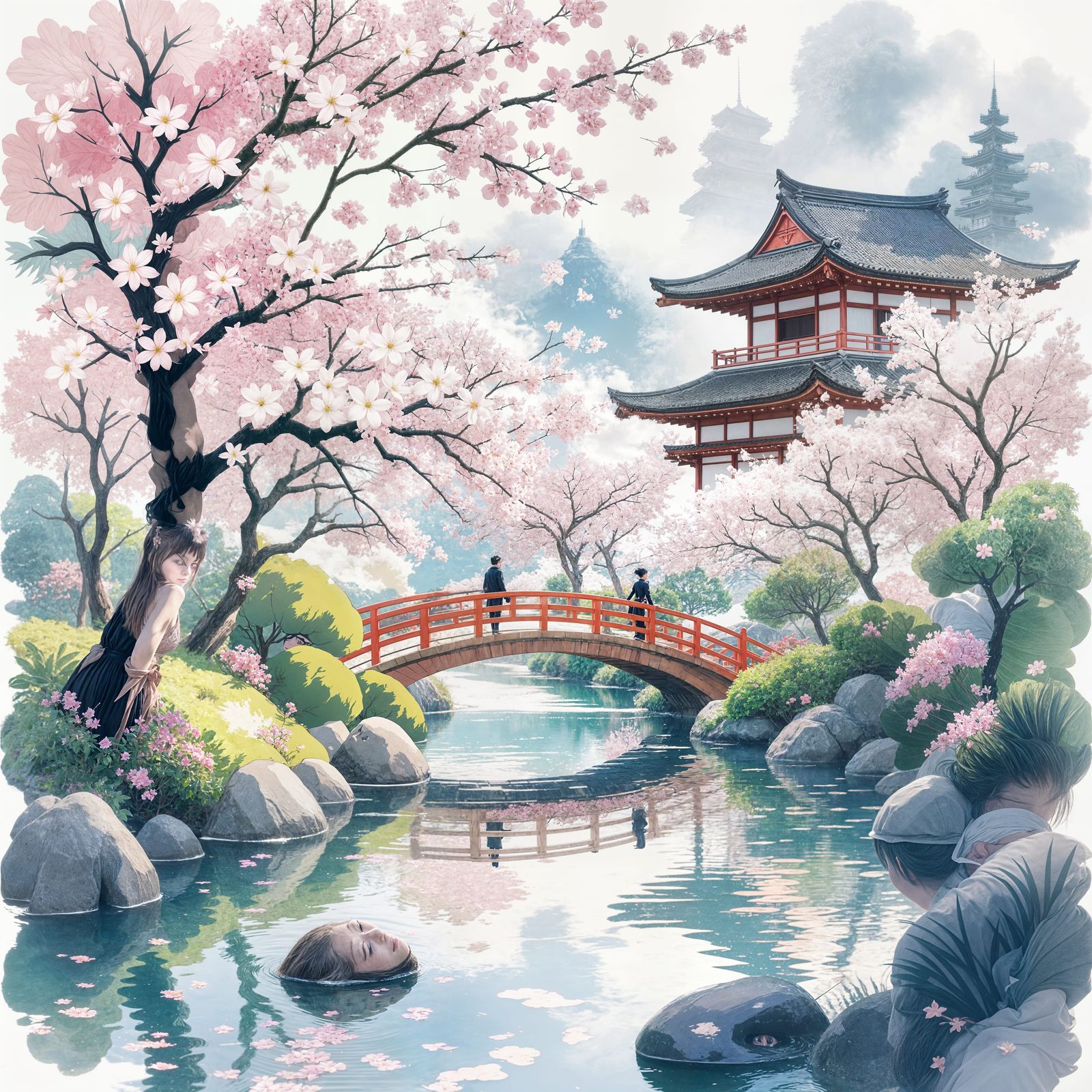 Japanese Garden Love Story in Watercolor Style