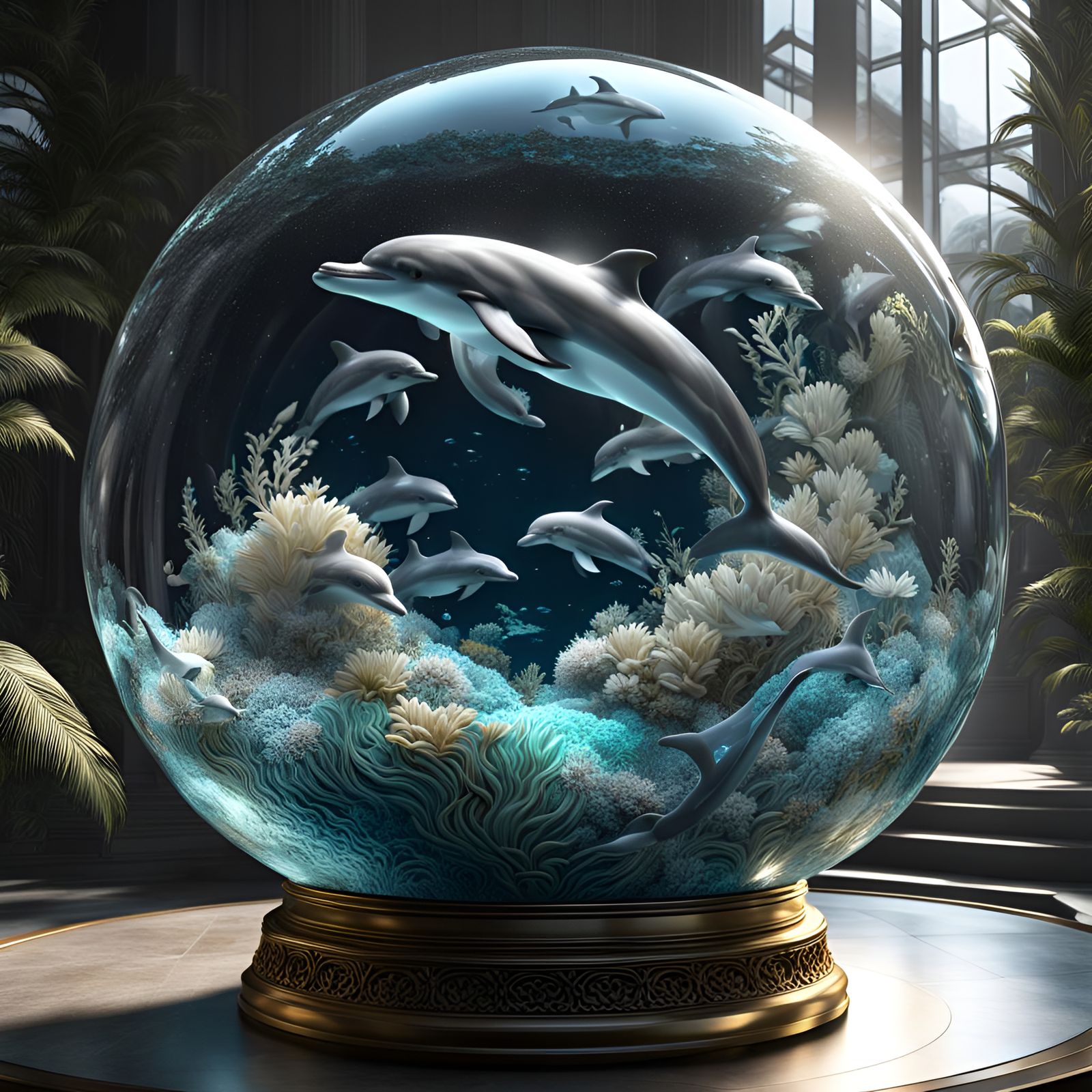 Dolphins in Steampunk Sphere, Hyperrealistic Digital Art