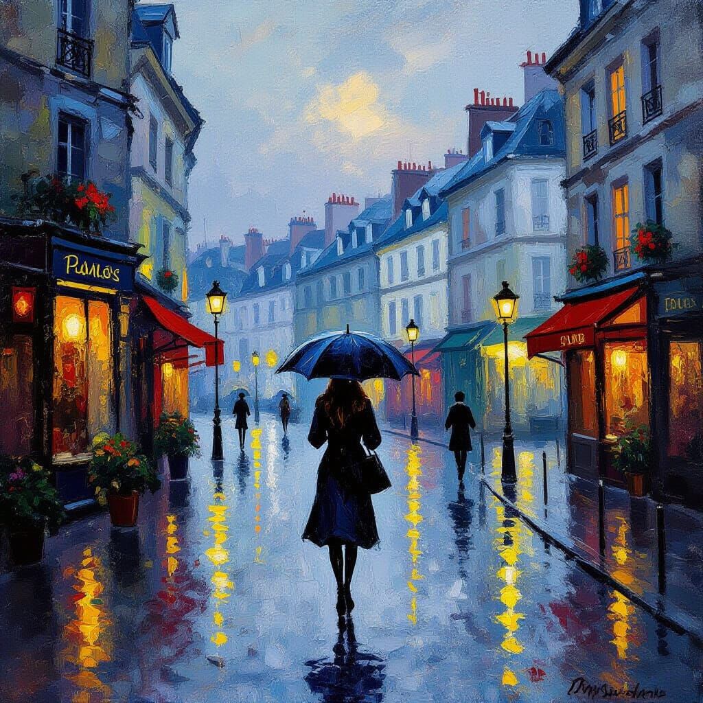 Rainy Parisian Street Scene in Impressionist Style